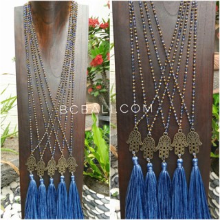 bronze hamsa hand pendant tassels necklace crystal bead 2color